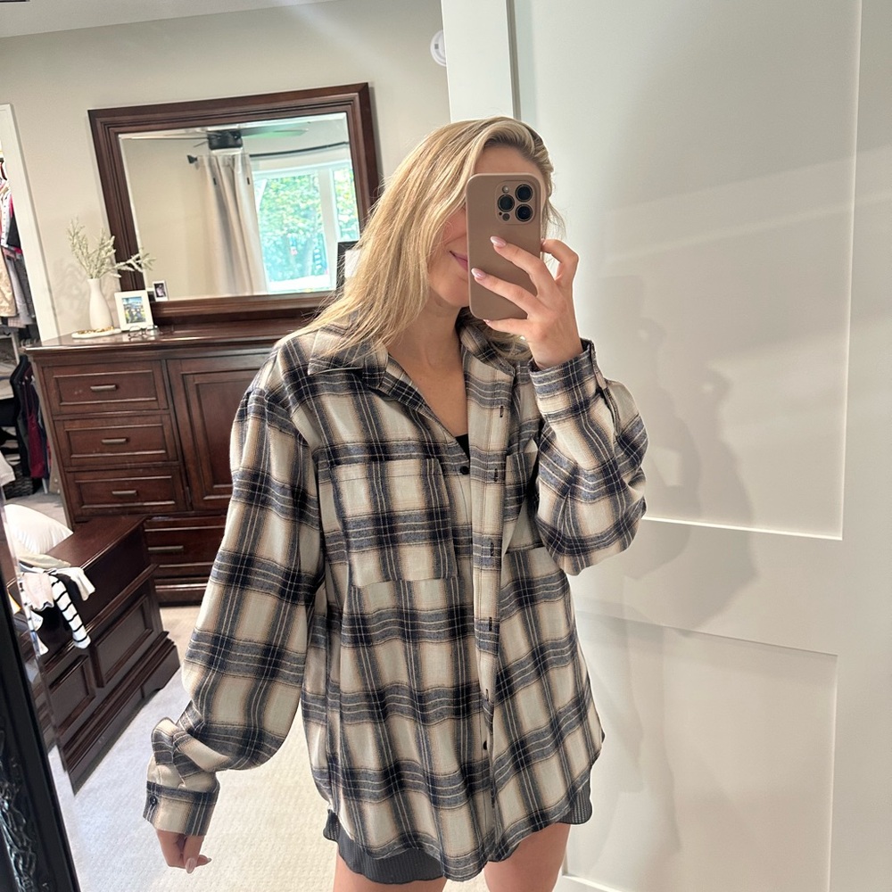 Princess Polly Navy and Cream Plaid Shirt